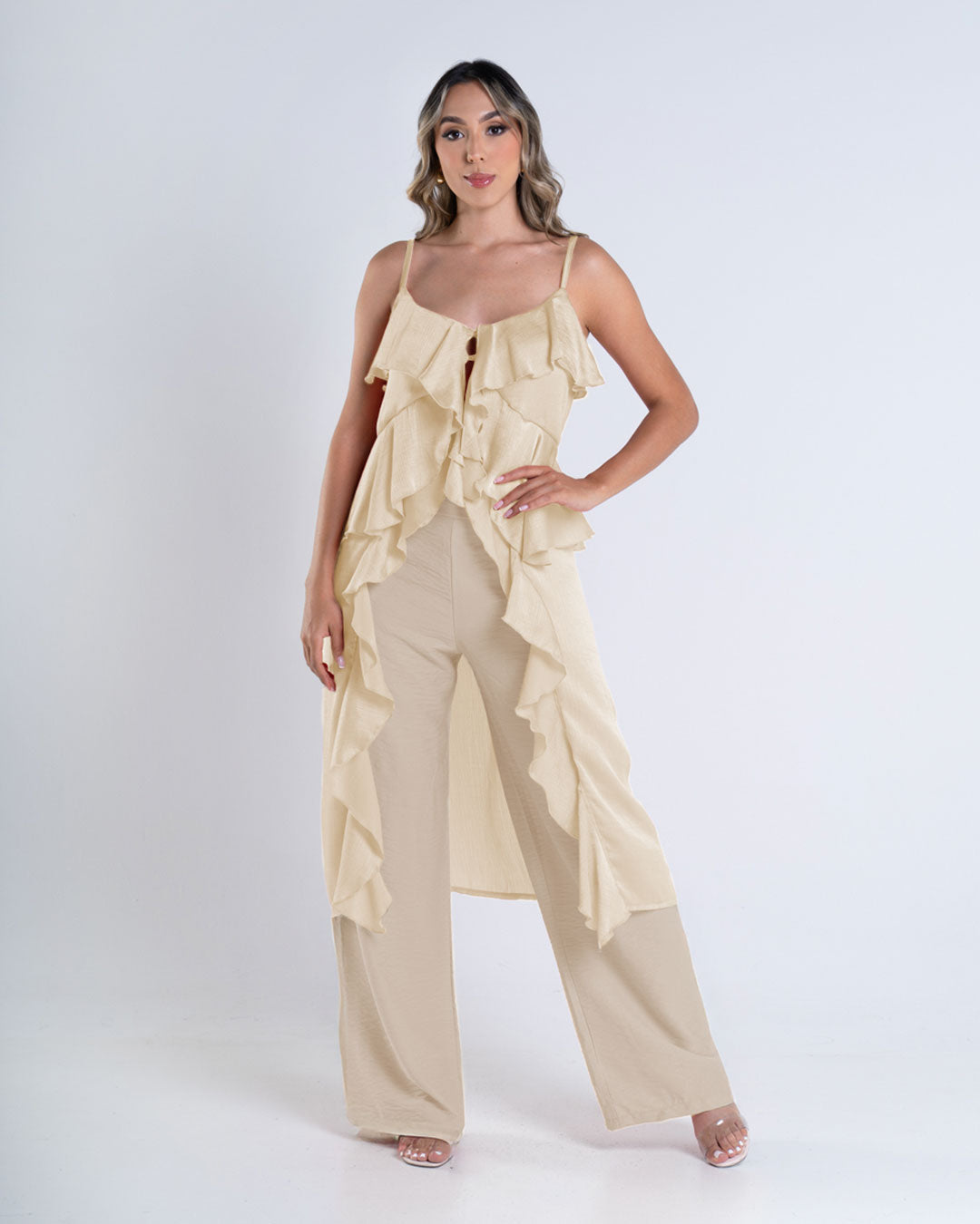 P74422 CONJUNTO LINO POLIESTER Y SATIN CRAQUELADO CREMA