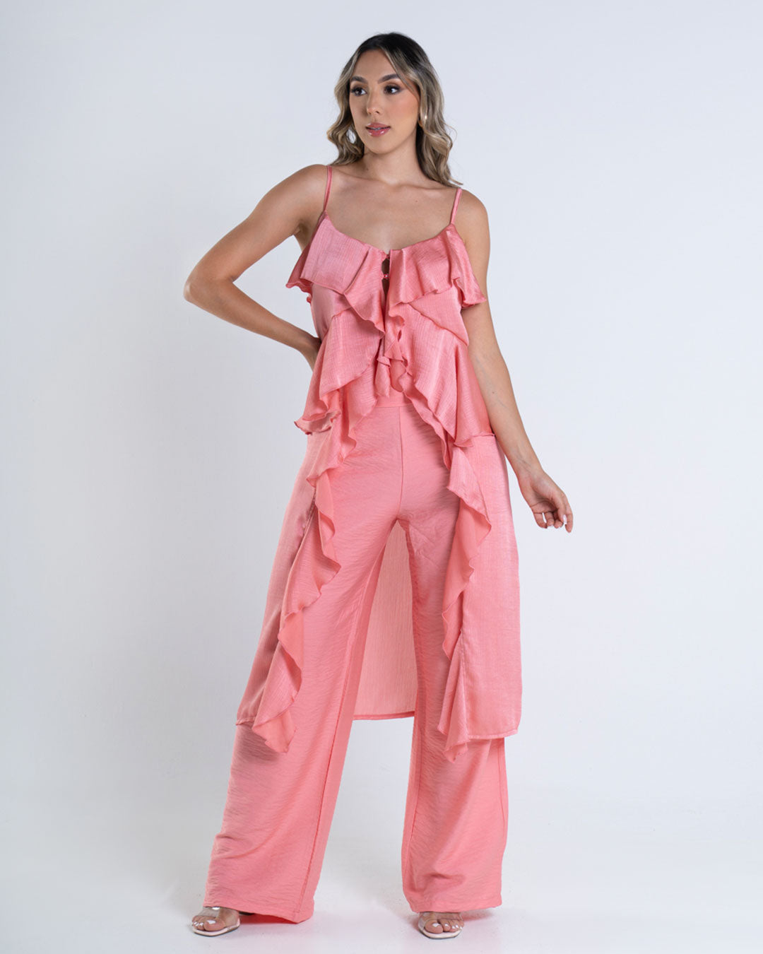 P74422 CONJUNTO LINO POLIESTER Y SATIN CRAQUELADO CORAL