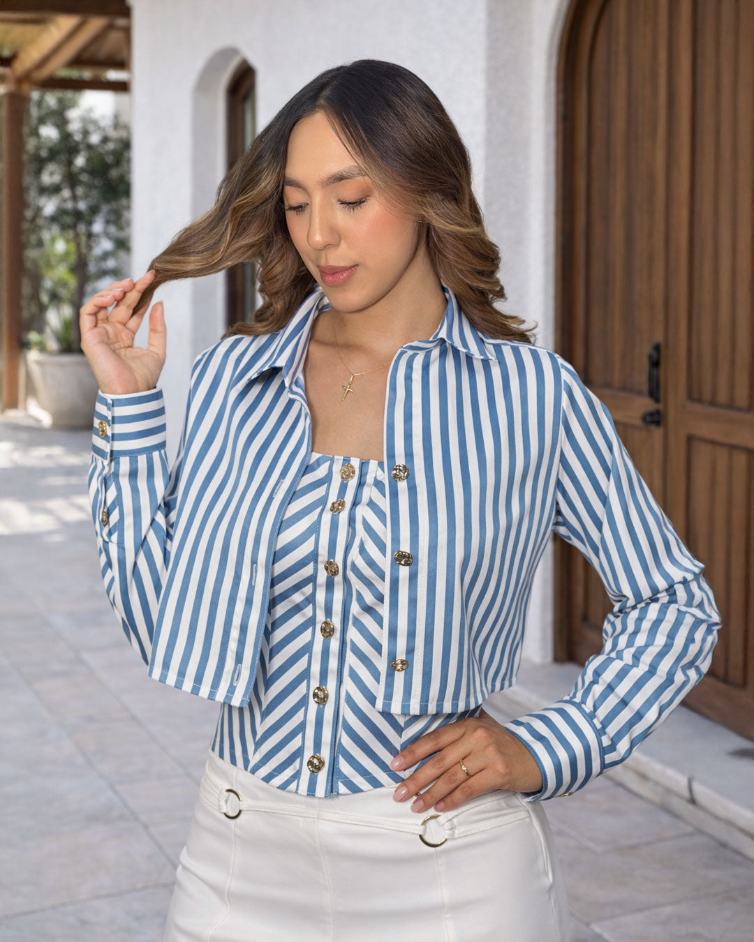 P4064 DUO CAMISA CHALIS RAYAS AZUL CLARO