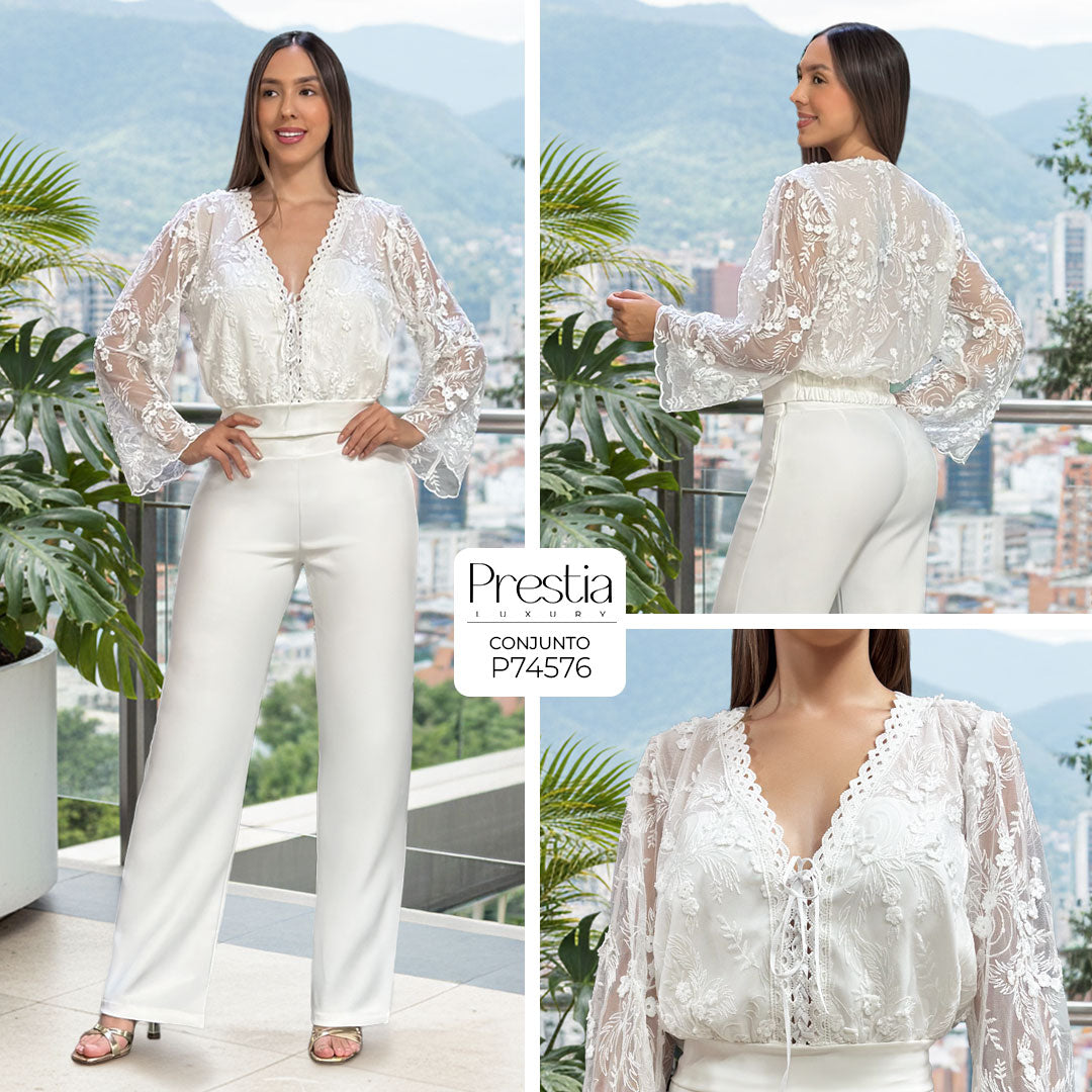 P74576 CONJUNTO MALLA BORDADA MARFIL