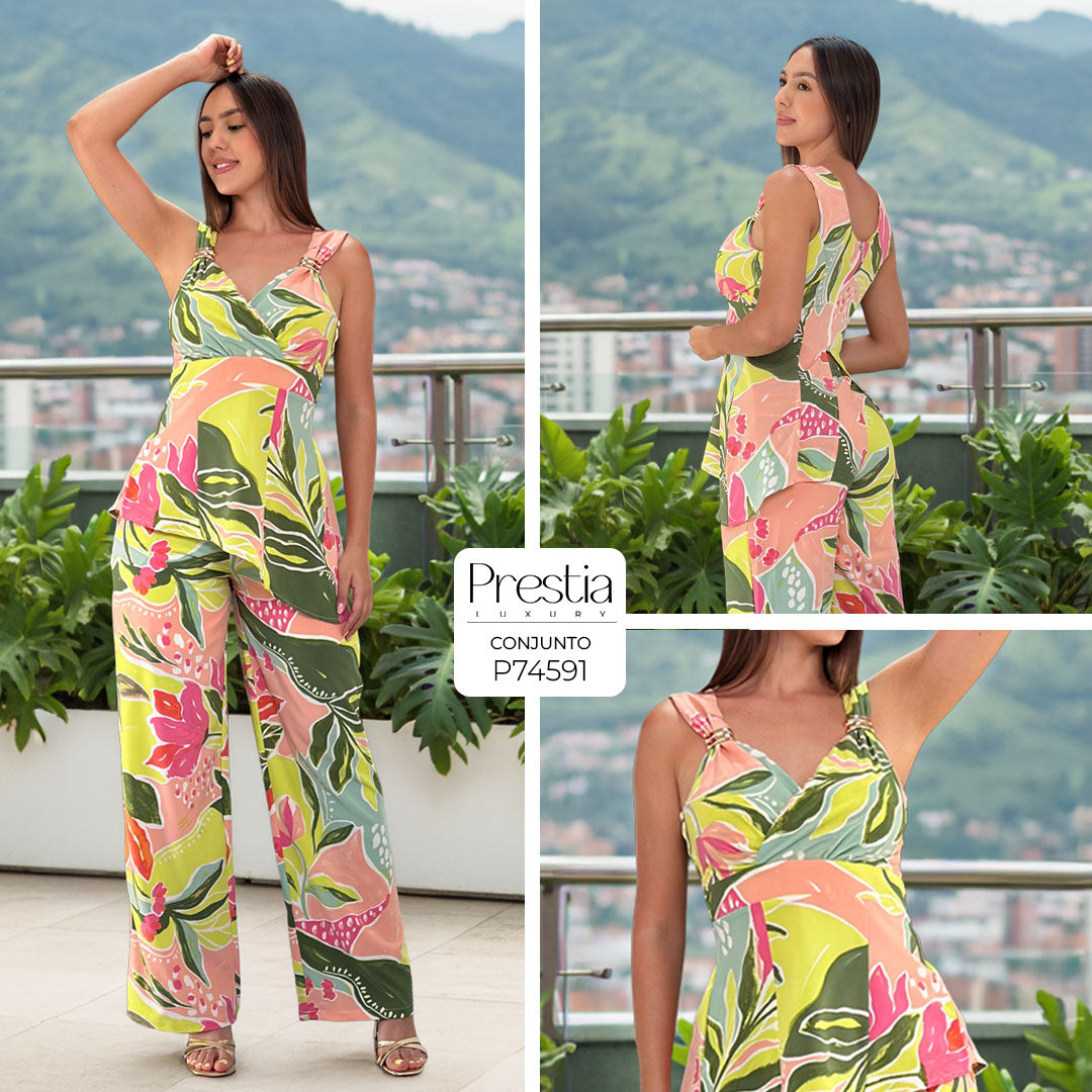 P74591 CONJUNTO FALSO CHALIS ESTAMPADO MANDARINA