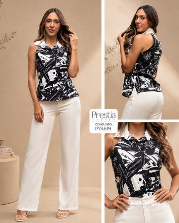 P74619 CONJUNTO POPELINA ESTAMPADA NEGRO ESTAMPADO BLANCO