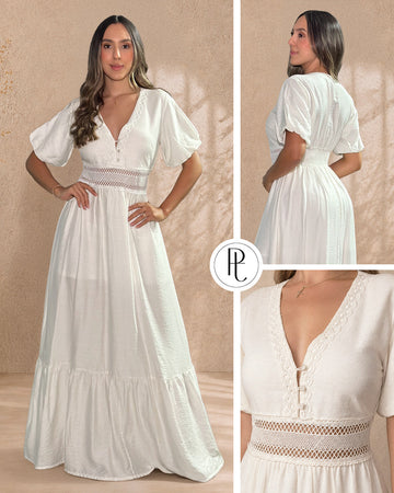 P74696 VESTIDO LINO POLIESTER MARFIL
