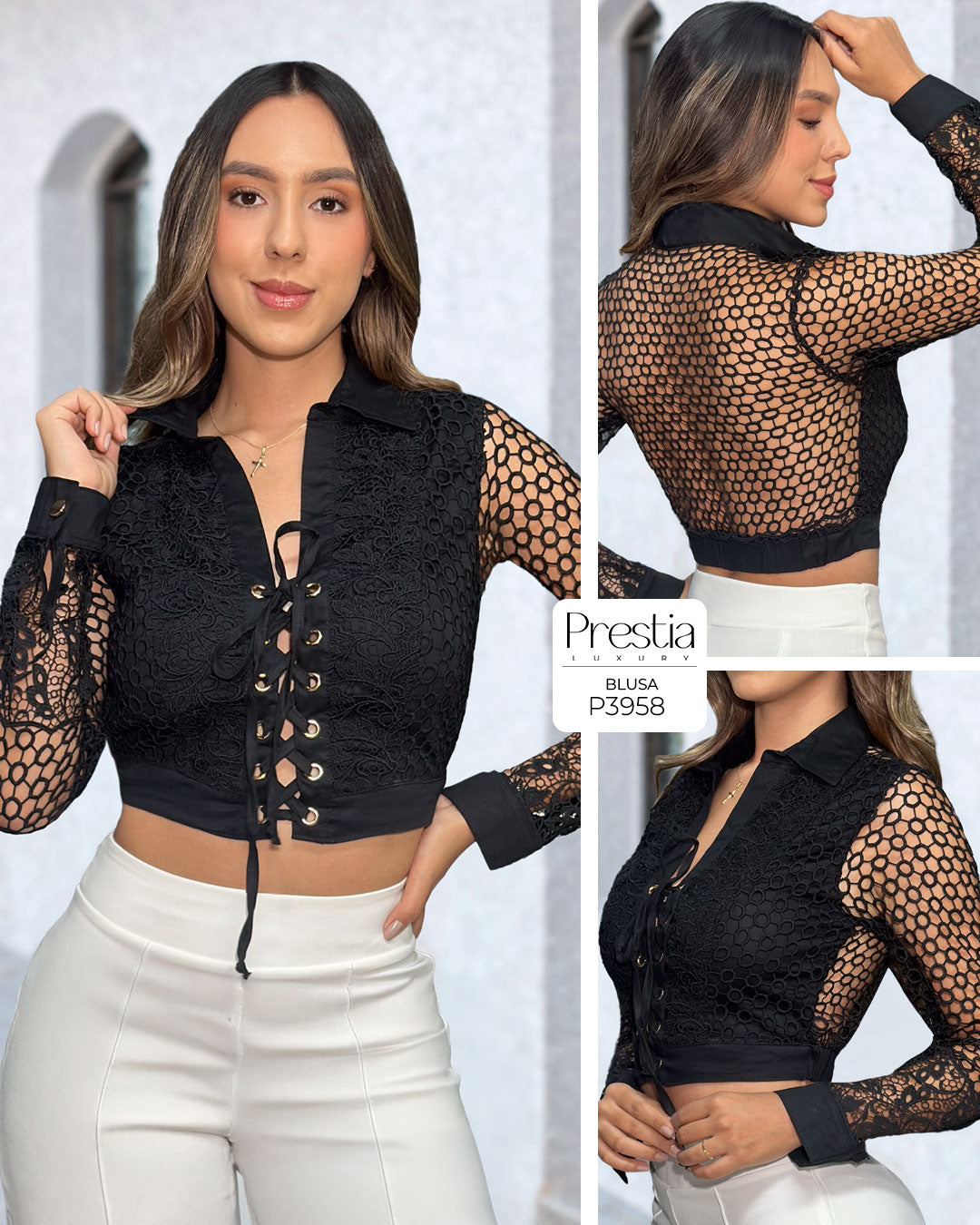 P3958 BLUSA GUIPURE NEGRO