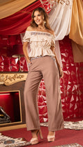 P3970 BLUSA LINO BORDADO CAMEL