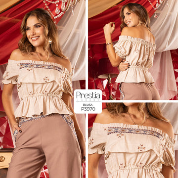 P3970 BLUSA LINO BORDADO CAMEL