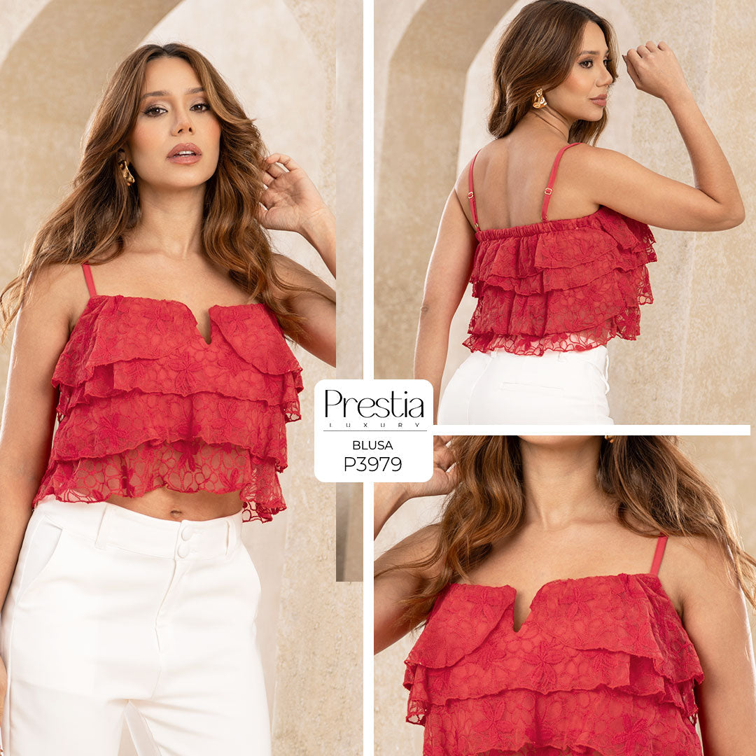 P3979 BLUSA TULL BORDADO CORAL OSCURO
