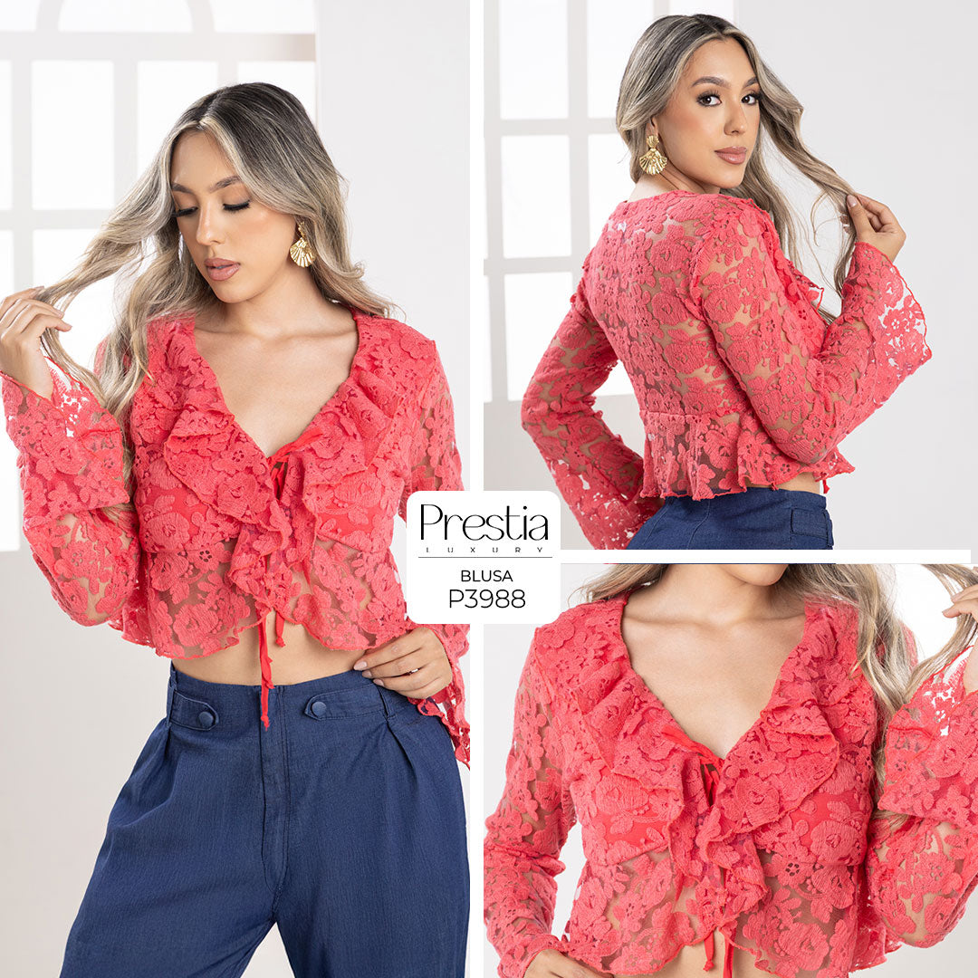 P3988 BLUSA MALLA BORDADA CORAL CLARO
