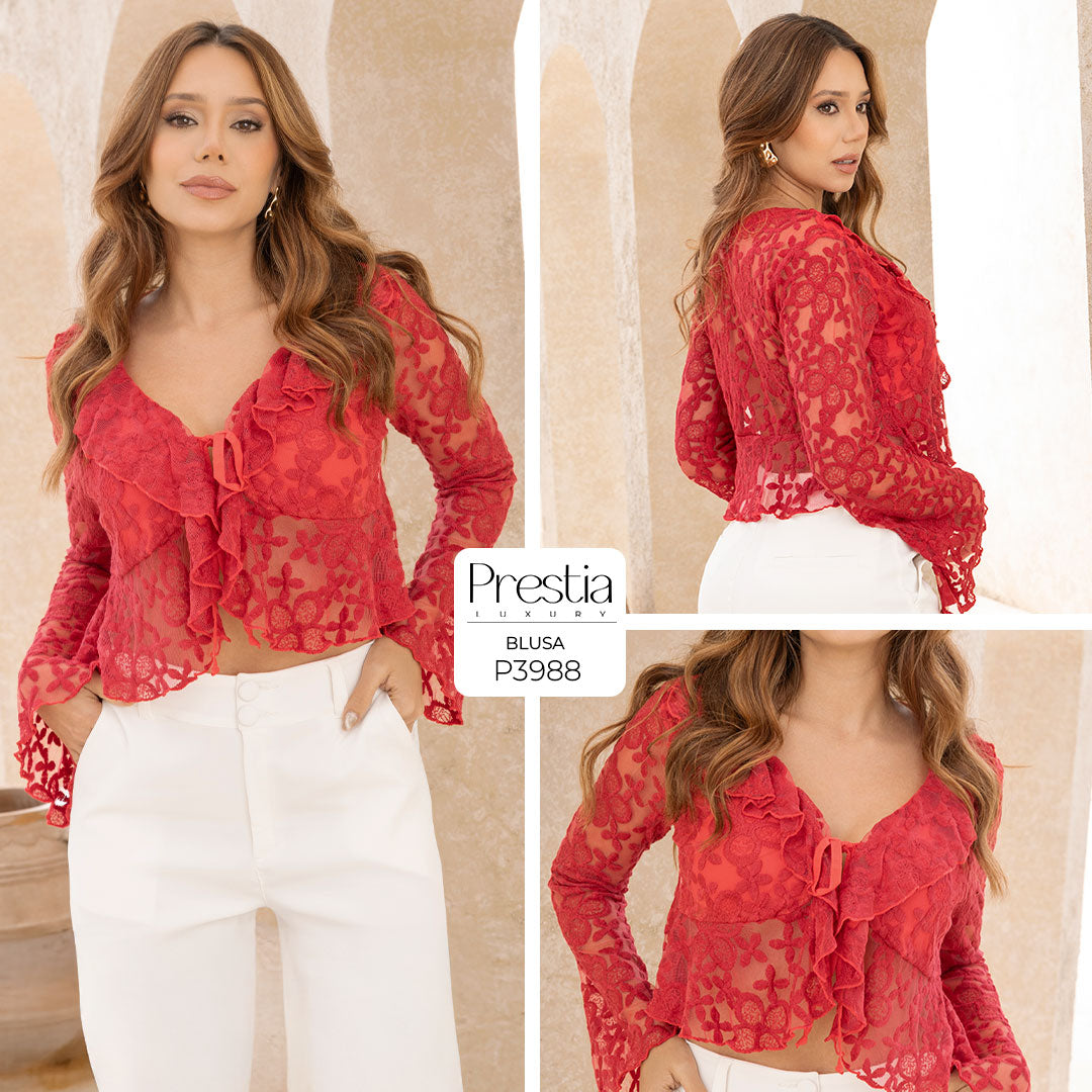 P3988 BLUSA MALLA BORDADA ROJO