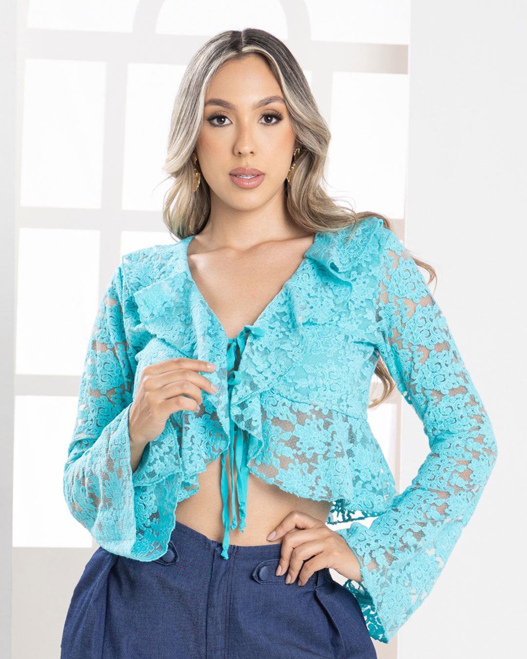 P3988 BLUSA MALLA BORDADA VERDE OSCURO