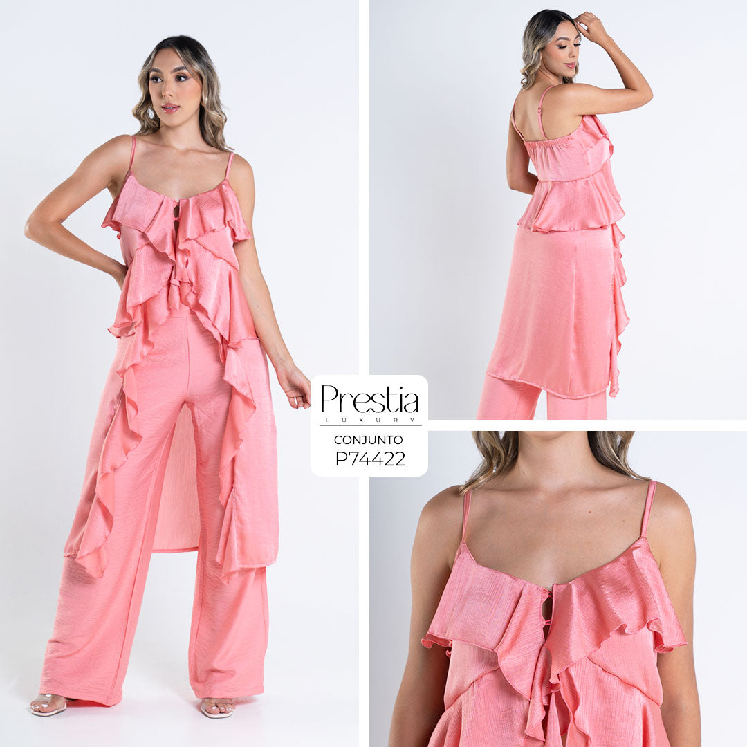 P74422 CONJUNTO LINO POLIESTER Y SATIN CRAQUELADO CORAL