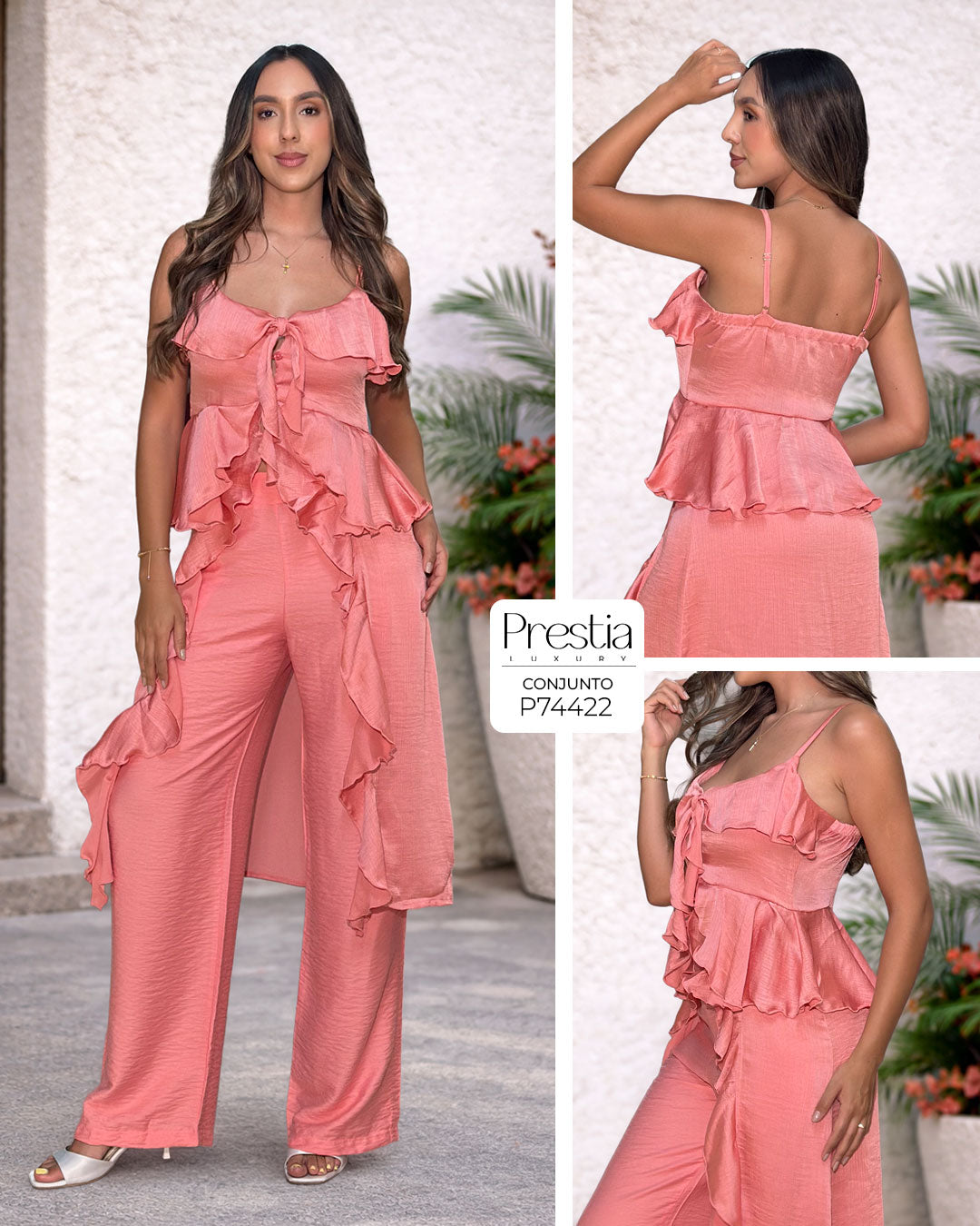 P74422 CONJUNTO LINO POLIESTER Y SATIN CRAQUELADO CORAL