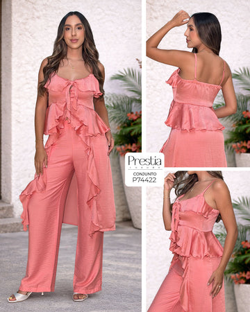 P74422 CONJUNTO LINO POLIESTER Y SATIN CRAQUELADO CORAL