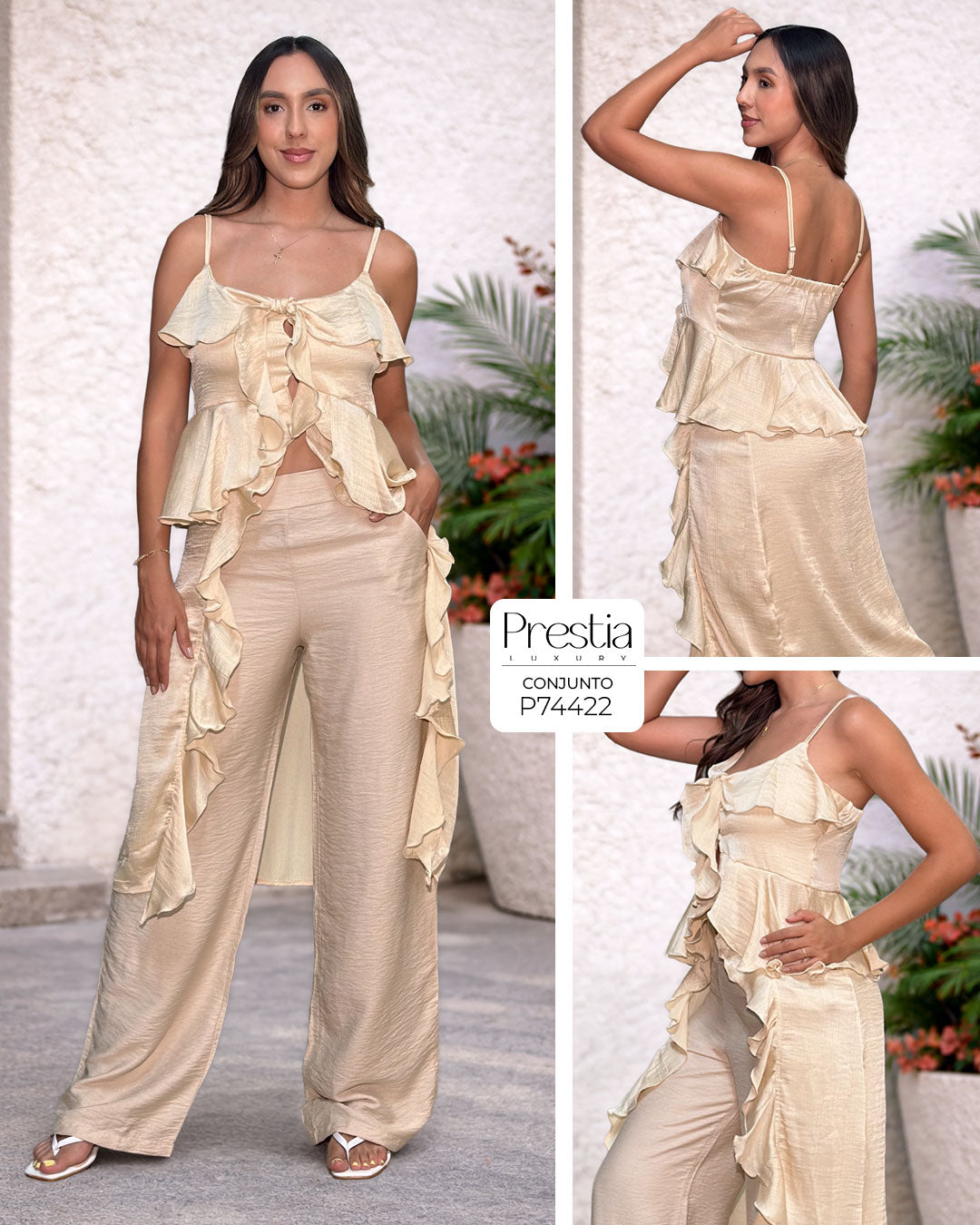 P74422 CONJUNTO LINO POLIESTER Y SATIN CRAQUELADO CREMA