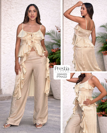 P74422 CONJUNTO LINO POLIESTER Y SATIN CRAQUELADO CREMA