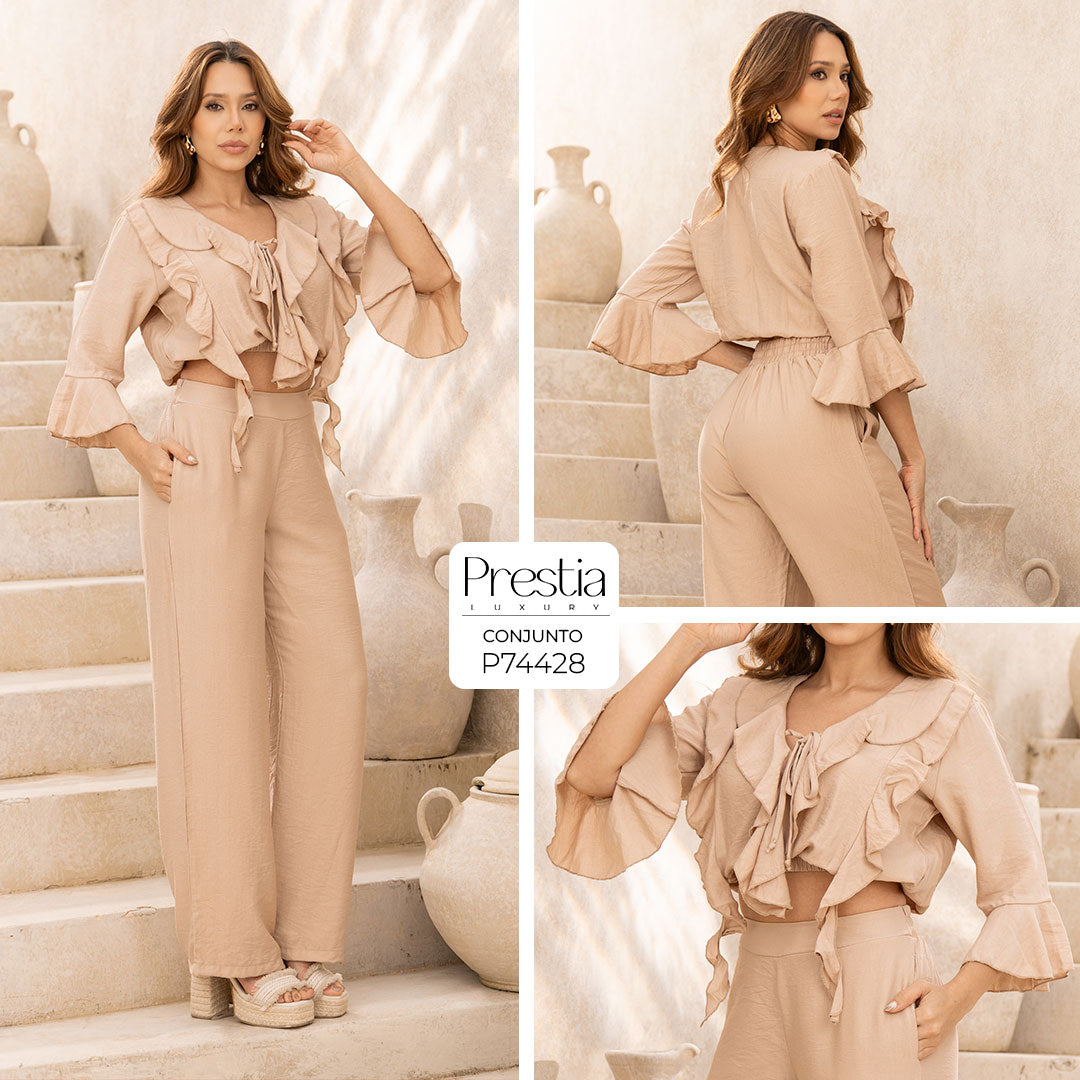 P74428 CONJUNTO LINO POLIESTER CAMEL OSCURO