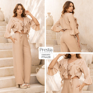 P74428 CONJUNTO LINO POLIESTER CAMEL OSCURO