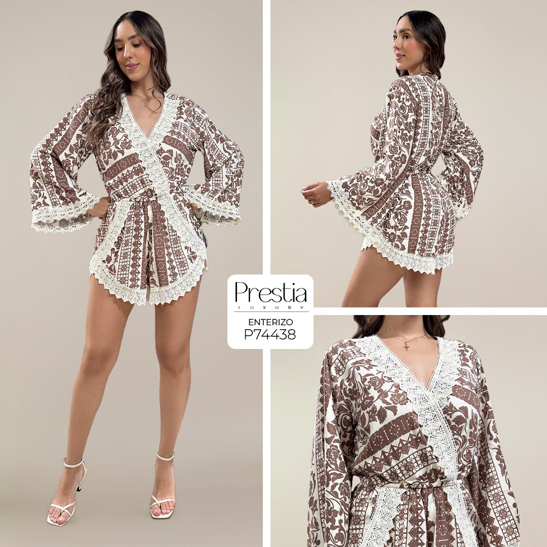 P74438 ENTERIZO LINO ESTAMPADO CAFE