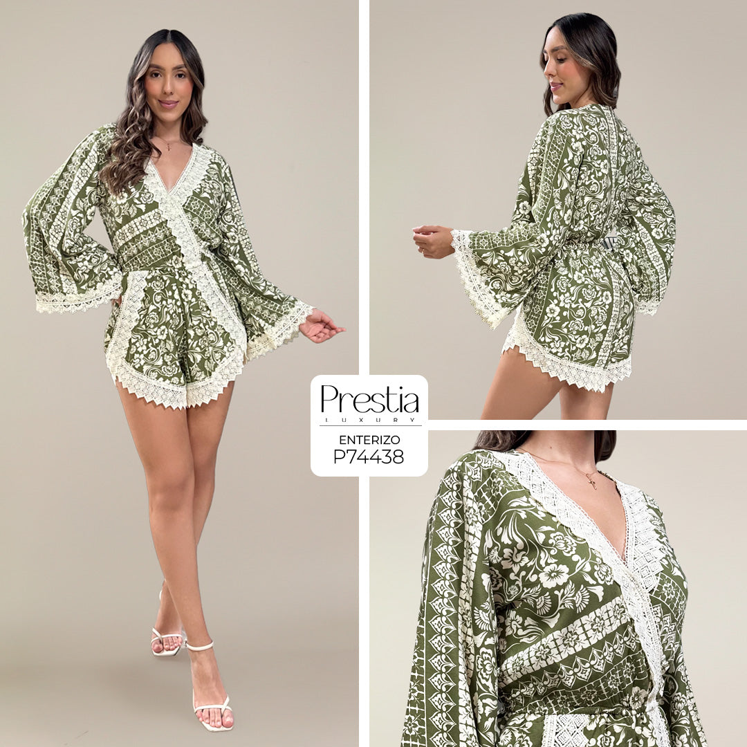 P74438 ENTERIZO LINO ESTAMPADO VERDE