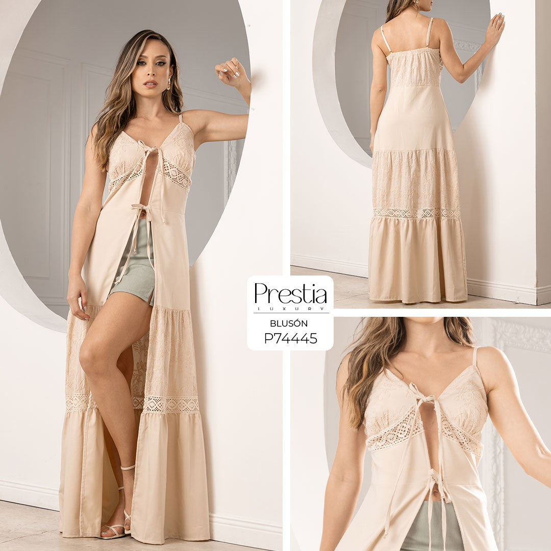 P74445 BLUSON LARGO BORDADO CAMEL