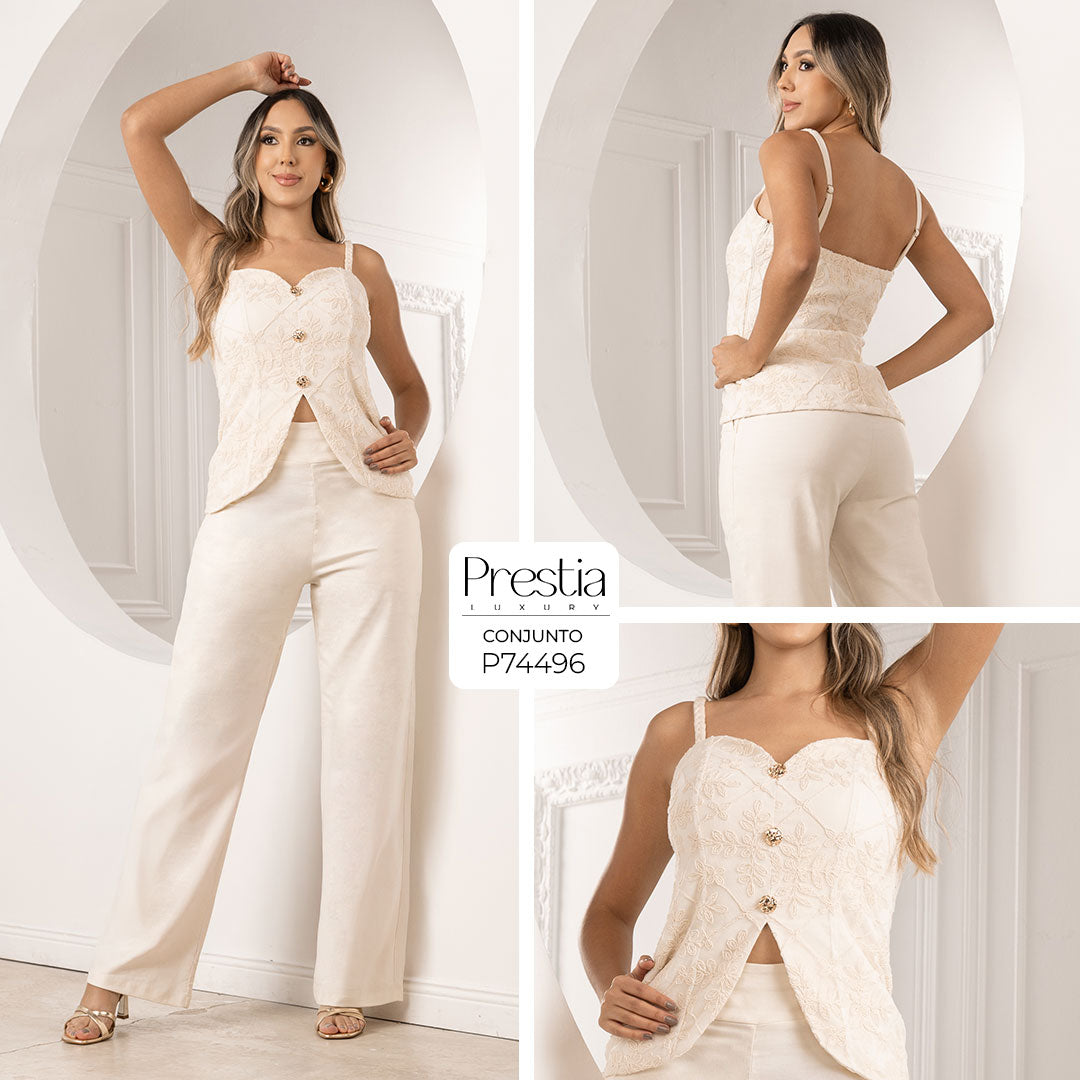 P74496 CONJUNTO MALLA BORDADA MANTEQUILLA