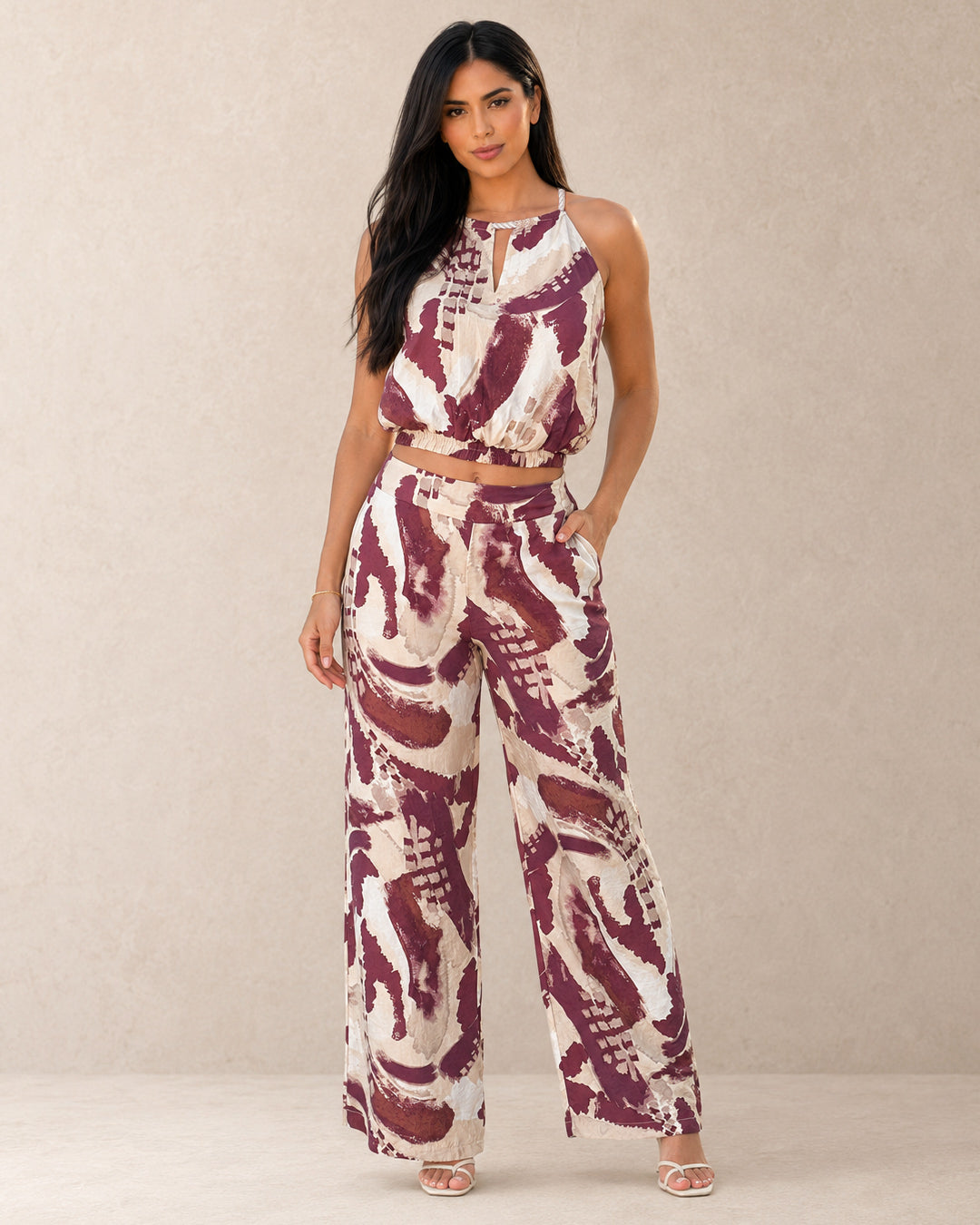 P74529 CONJUNTO LINO POLIESTER CAMEL VINOTINTO