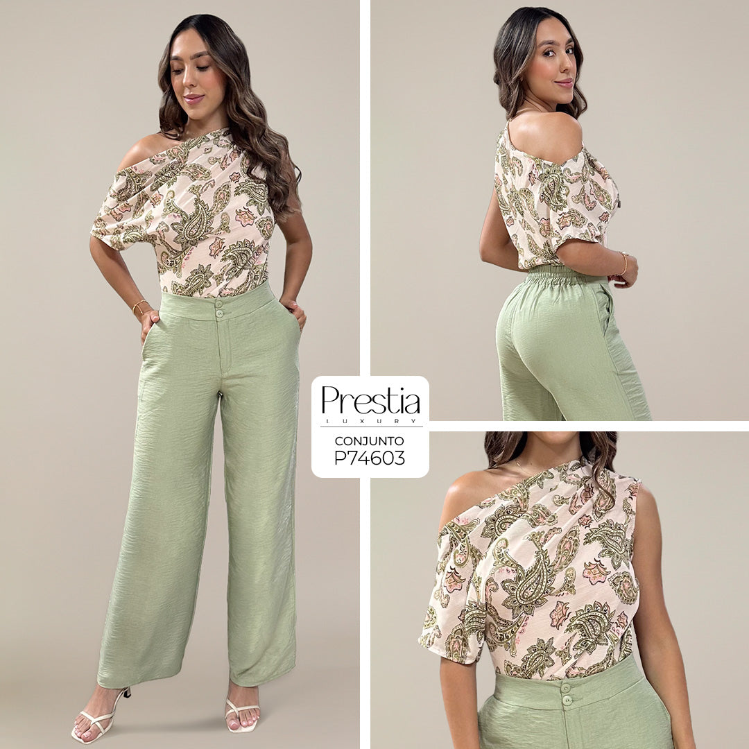P74603 CONJUNTO CHIFON ESTAMPADO VERDE ESTAMPADO