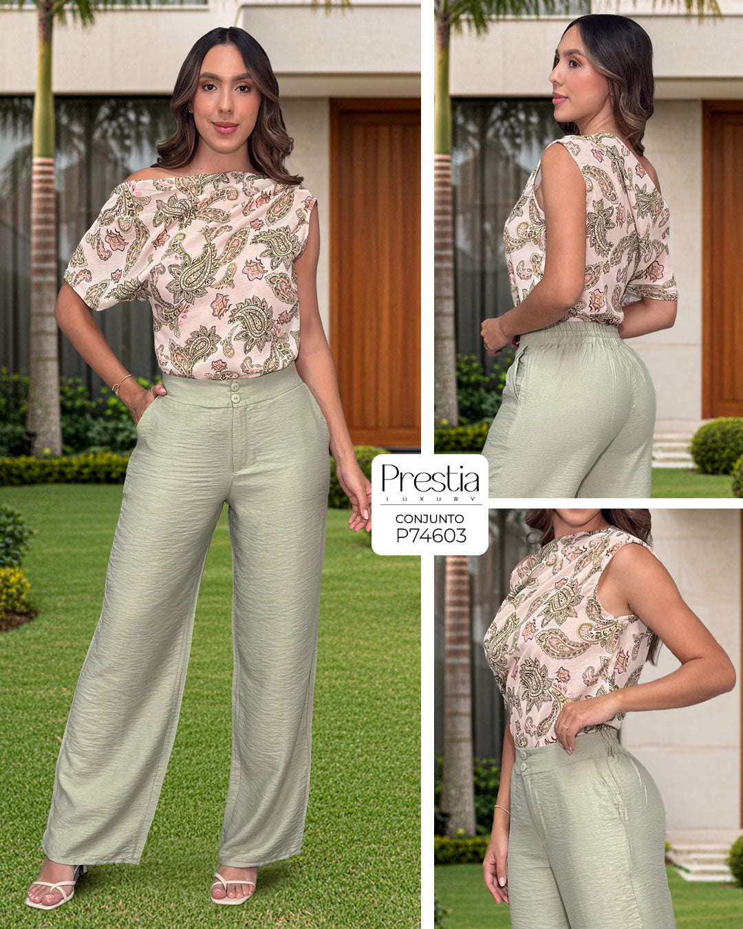 P74603 CONJUNTO CHIFON ESTAMPADO VERDE ESTAMPADO