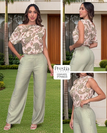 P74603 CONJUNTO CHIFON ESTAMPADO VERDE ESTAMPADO