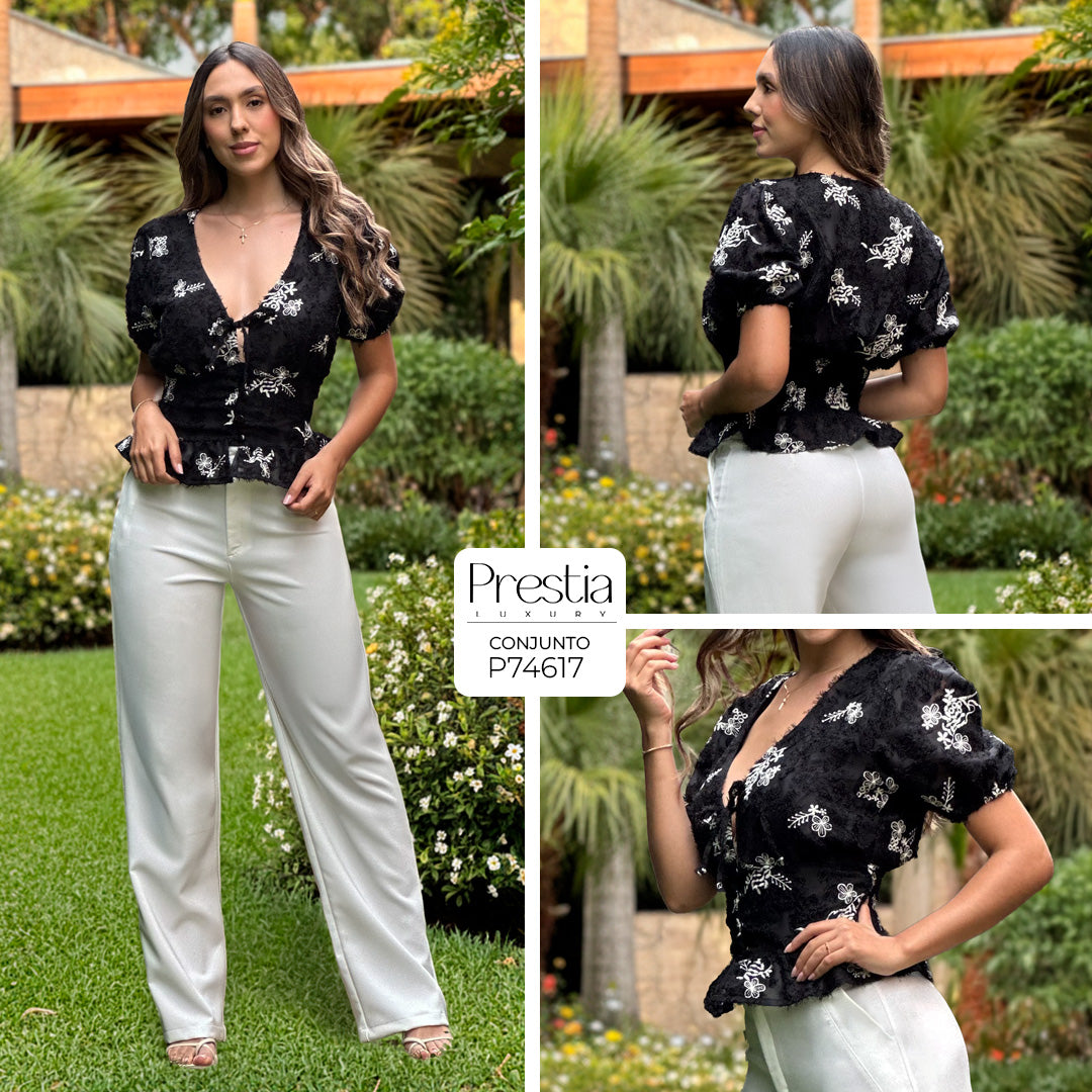 P74617 CONJUNTO LINO BORDADO NEGRO