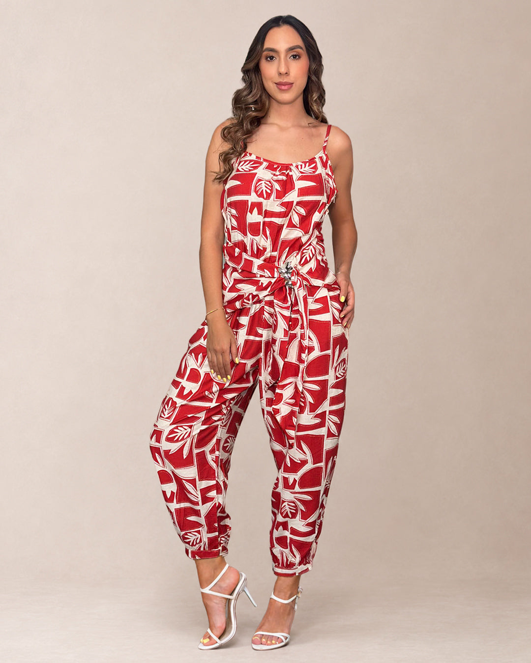 P74661 ENTERIZO LINO ESTAMPADO ROJO