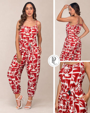 P74661 ENTERIZO LINO ESTAMPADO ROJO