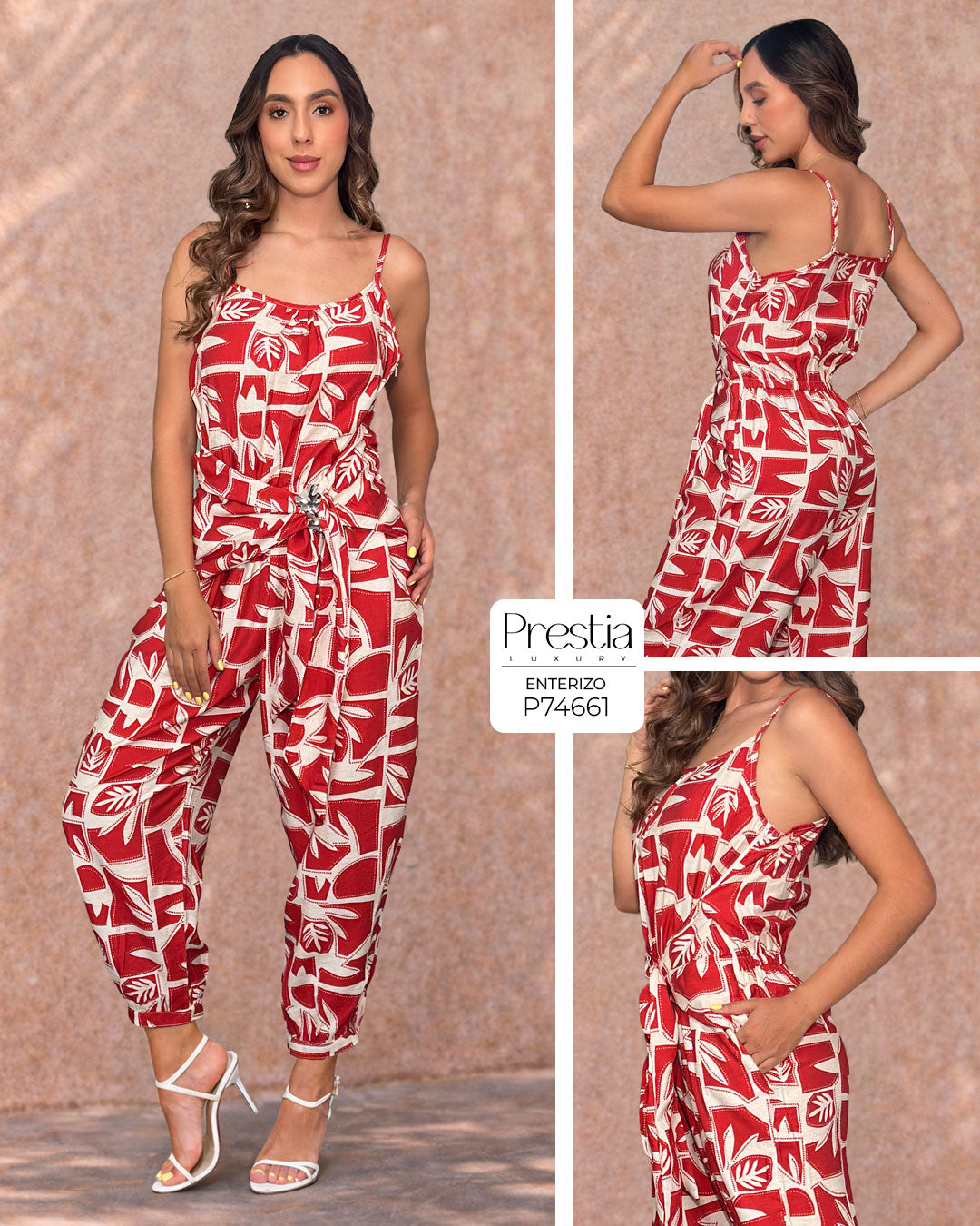 P74661 ENTERIZO LINO ESTAMPADO ROJO