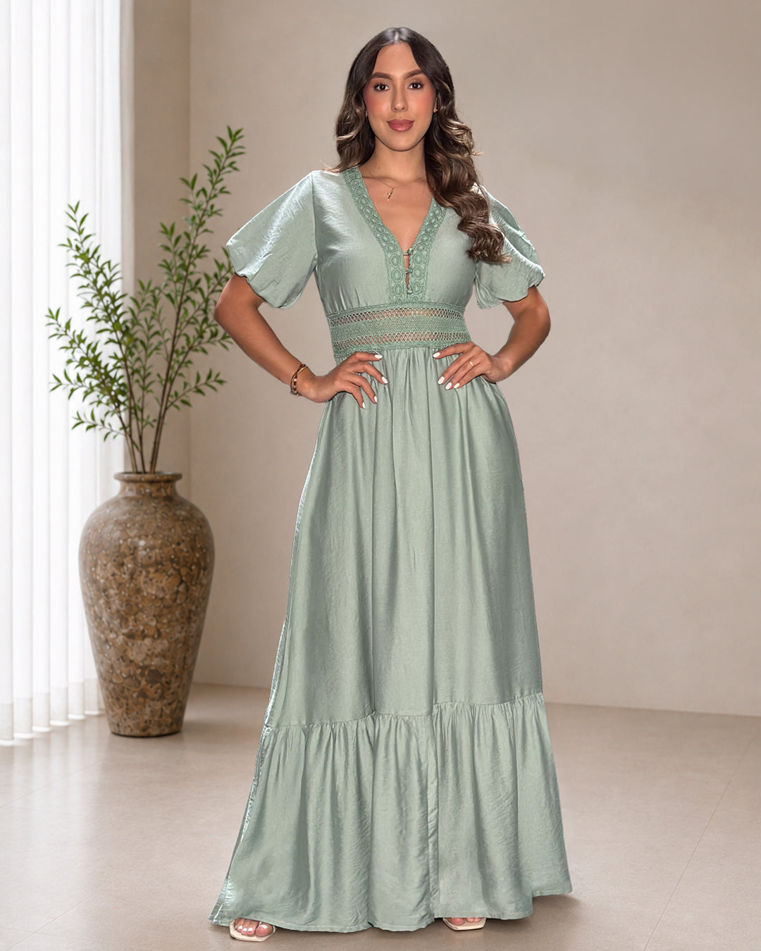 P74696 VESTIDOS LINO POLIESTER VERDE OLIVA