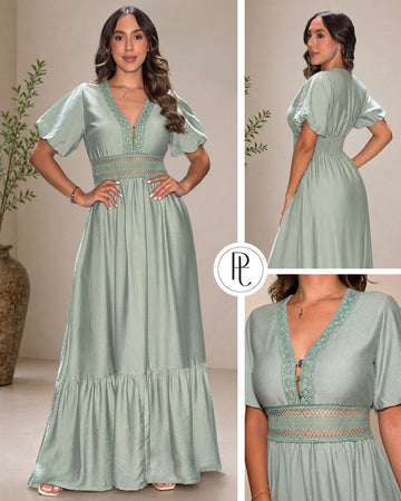 P74696 VESTIDOS LINO POLIESTER VERDE OLIVA