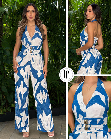 P74713 ENTERIZO LINO ESTAMPADO AZUL